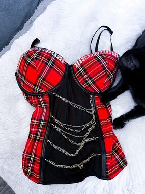 Hot Topic Red Plaid Corset Top & Bottoms Set 36D/LG